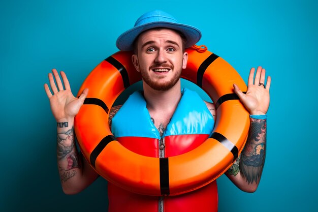 Foto un uomo barbuto con un cappello con un giubbotto di salvataggio al collo generativa ai