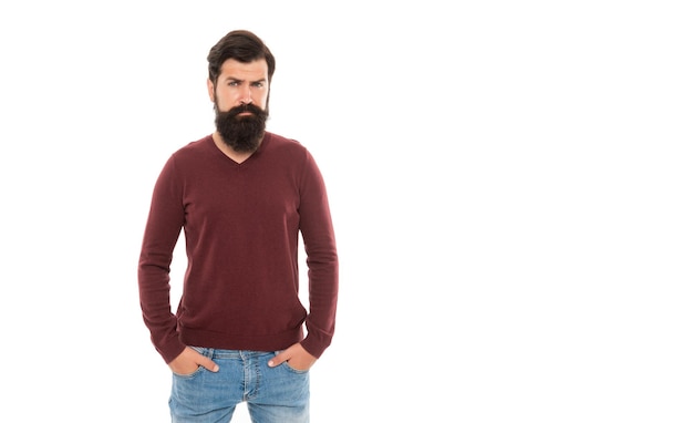 Bearded man with moustache isolated on white background with copy space casual