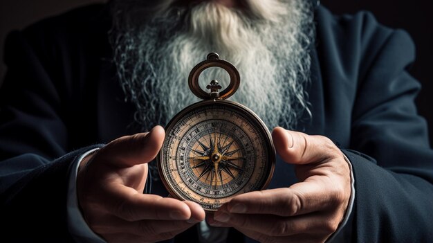 Bearded man with old compass