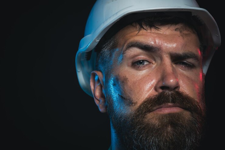  Bearded man with protect helmet wearing man builder business building industry technology builder