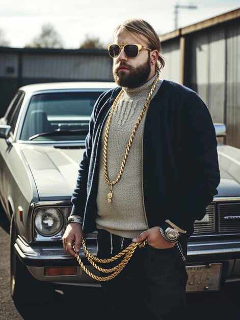 Photo bearded man with sunglasses and gold chains standing in front of a vintage car