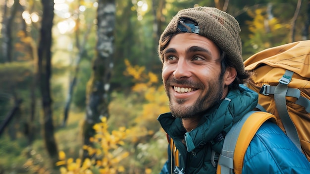 Photo bearded man with a warm smile on his face wearing a brown beanie and blue jacket with a yellow backpack standing in a lush green forest with trees in