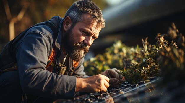 bearded man working in the field with plants