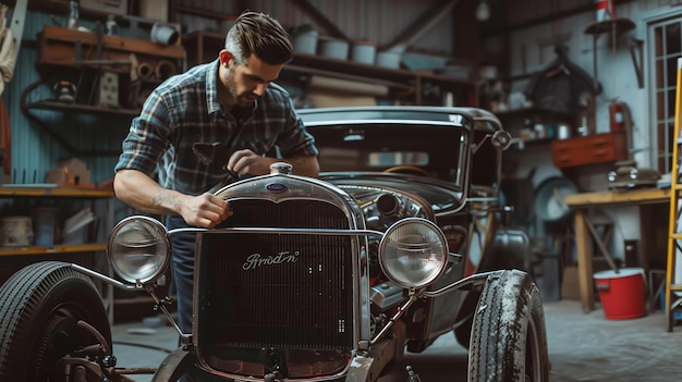 Бородатый мужчина работает над старинной машиной в своем гараже.
