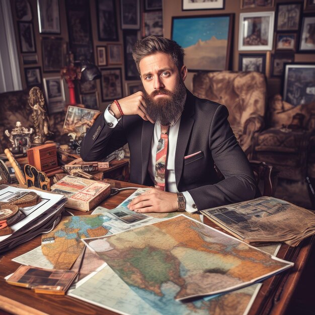 Foto bearded man zit aan het bureau