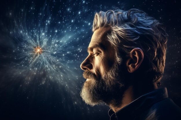 Photo bearded mans brain stars and cosmos within