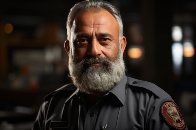 Photo bearded mature indian male security guard in surveillance room