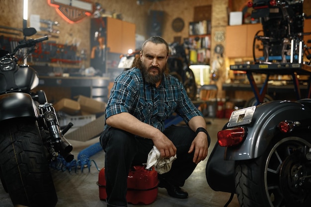 Foto motociclista uomo maturo barbuto che pulisce motocicletta nella stazione di lavoro del garage