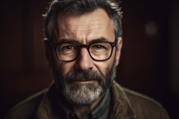 Bearded middle aged man wearing glasses looking at camera with a serious expression in a close up head and shoulders portrait