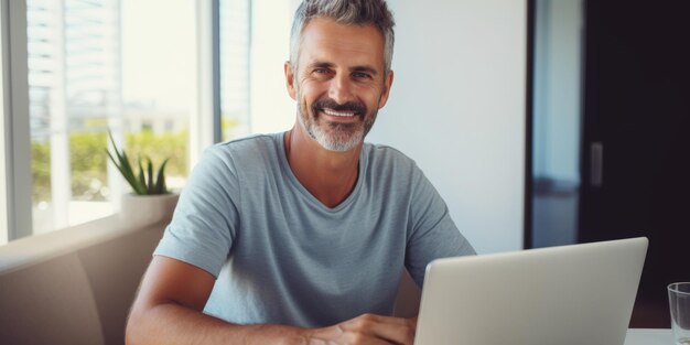 Photo a bearded middleaged man works at home at a table on a laptop smiling happy generative ai