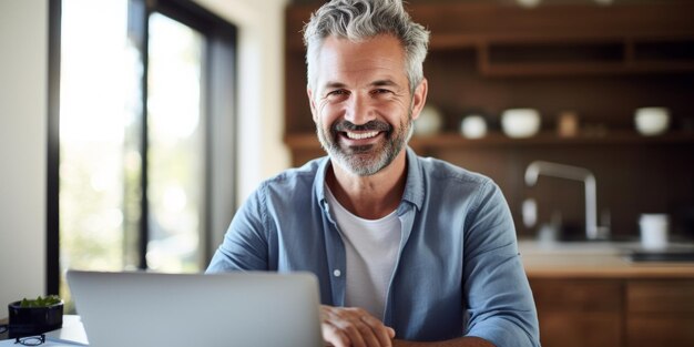 Бородатый мужчина средних лет работает дома за столом за ноутбуком, улыбается, счастлив.