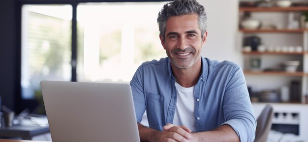 Photo a bearded middleaged man works at home at a table on a laptop smiling happy generative ai