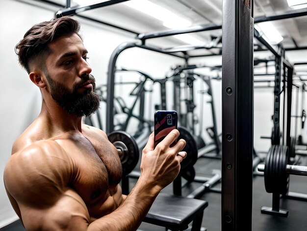 Bearded Muscular Guy in The Gym Taking A Picture Illustration