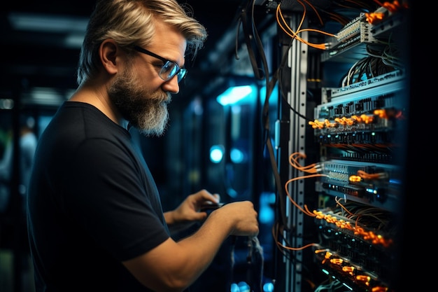 Foto bearded netwerktechnicus die werkt met server in datacentrum