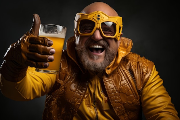 Foto supereroe dai capelli rossi barbuto in abito giallo beve birra su uno sfondo scuro