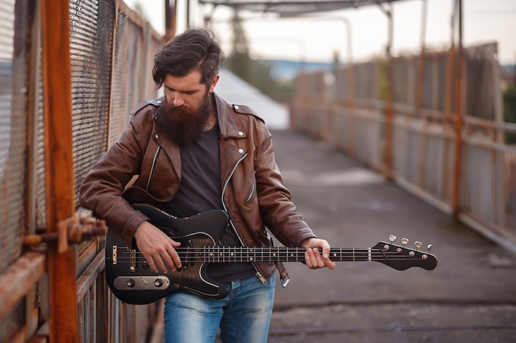 Photo bearded rocker with gray hair in a brown leather jacket and blue jeans stands and holds a black electric guitar against the background of a road