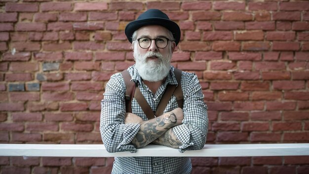 Bearded senior hipster man met tatoeages kruisen armen op de borst kijken vastberaden en gelukkig aan de voorkant