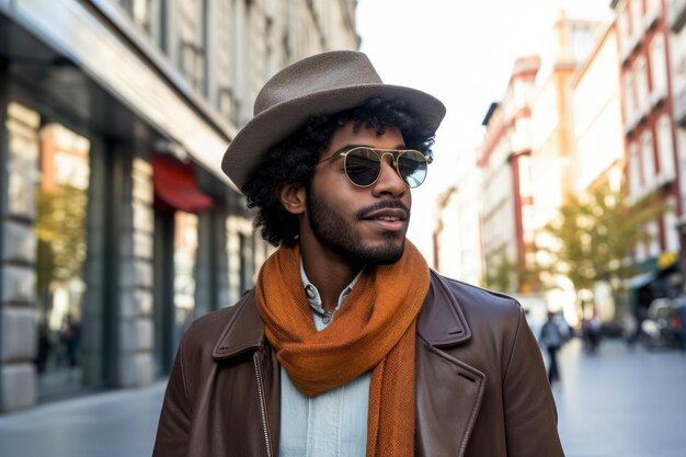 Bearded stylish handsome man on the street with confident attitude in autumn