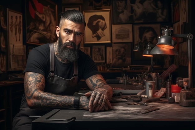 Bearded tattoo artist posing in studio