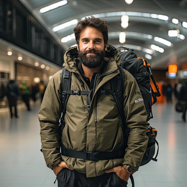 Бородатый путешественник, стоящий в аэропорту с рюкзаком