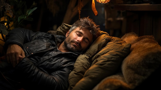 Bearded volwassen man slapen in een down jacket op een bank bedekt met een deken ontspanning en slaap