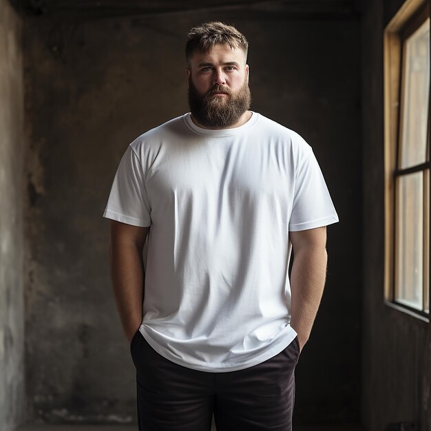 Foto beardige man in een wit t-shirt.