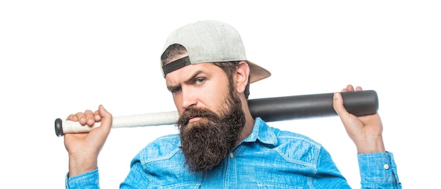 Beardman holding a baseball bat. Isolated white background. Man swung the bat. Hooligan with baseball bat ready for fight. Violence and aggression concept, man hand holding baseball sport bat