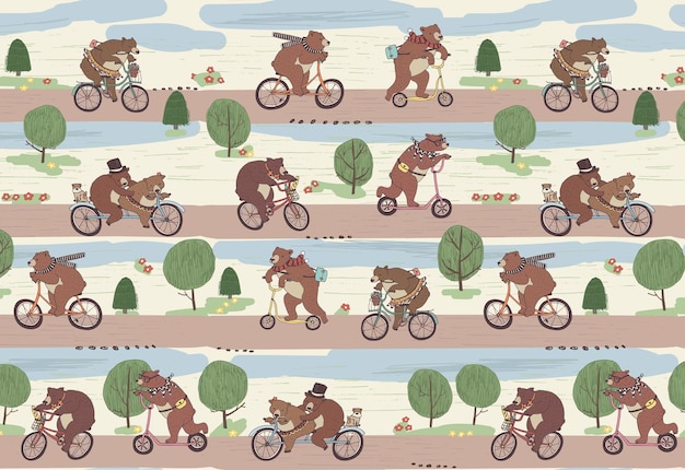 Bears on bikes vector seamless pattern