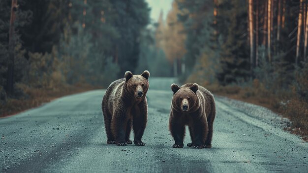 Bears standing on the road near forest at early morning or evening time