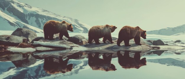 Bears wandelen op rotsen in het water en tonen hun natuurlijke habitat en omgeving