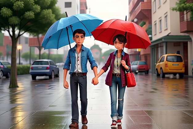 Photo beatiful animated man and girl romantic scene rain day