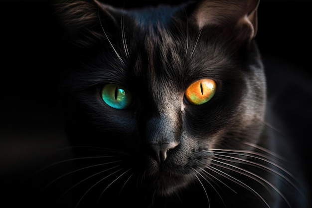 Beatiful black cat with eye of a different color watching from the dark Copy space black edges