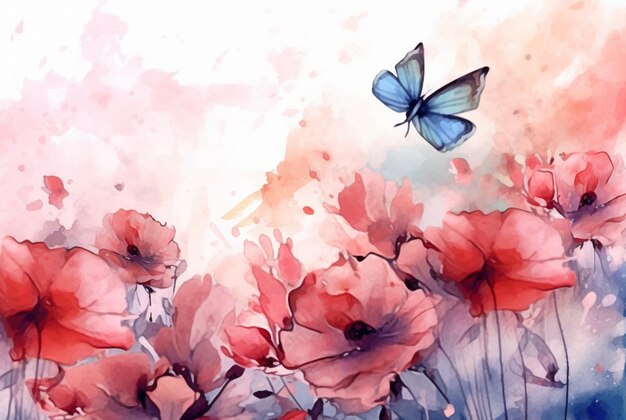 Beatiful Butterfly with flowerswatercolor drawing generative ai