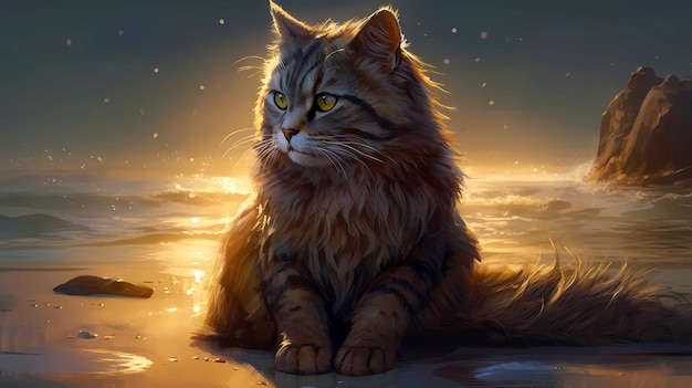 Beatiful Cat Animal Artwork Wallpaper Hd on ta beach with a sunset background