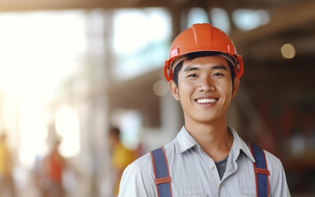 Beatiful confidence asian man builder worker in uniform and safety helmet smilling Labour day