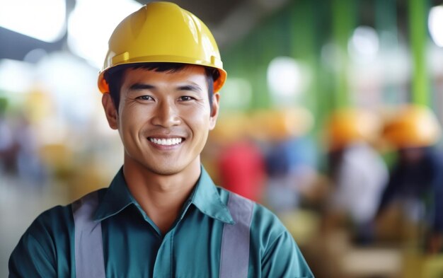 Beatiful confidence asian man builder worker in uniform and safety helmet smilling Labour day