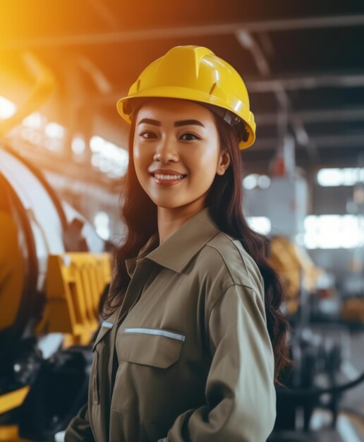 Beatiful confidence asian woman builder worker in uniform and safety helmet smilling Labour day