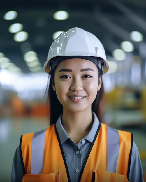 Красивая уверенная в себе азиатская женщина-строитель в униформе и защитном шлеме улыбается День труда