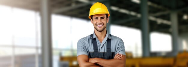 Beatiful confidence man builder worker in uniform and safety helmet smilling Labour day