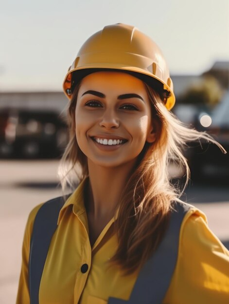 Beatiful confidence woman builder worker in uniform and safety helmet smilling labour day