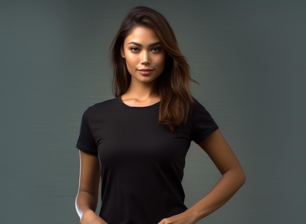 Foto bella donna bella in maglietta nera mockup realistico della maglietta