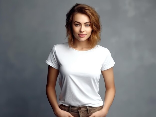 Beatiful handsome woman in white tshirt Realistic t shirt mockup