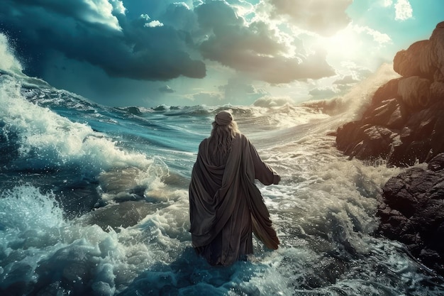 Beatiful Moses crossing the Red Sea Biblical Bible Old Testament Religious stunning Background