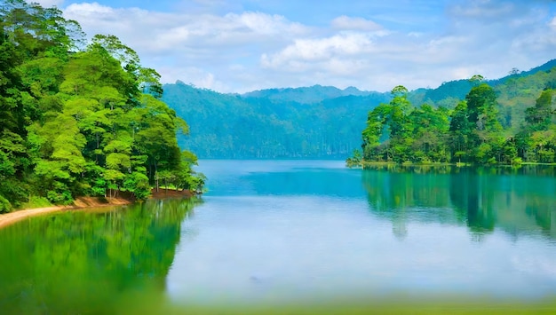 美しい自然の湖と森の自然の風景の背景