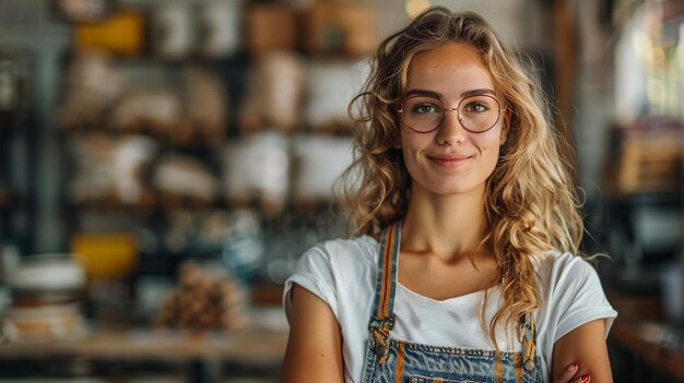 beatiful woman engineer is standing serious in front of a camera