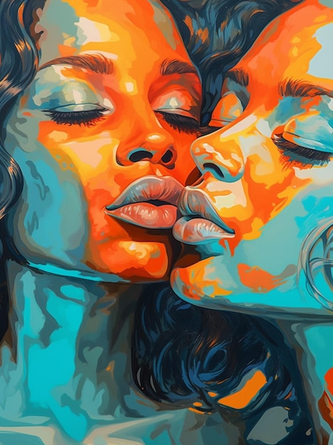 아름다운 여자가 다채로운 그림 예술을 키스하고 있습니다.