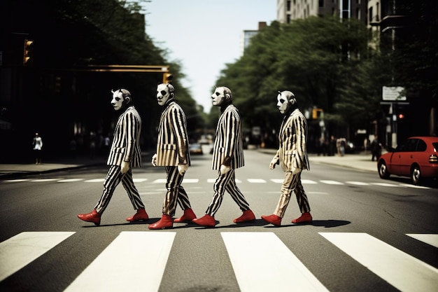 The beatles walking across the street in a striped suit