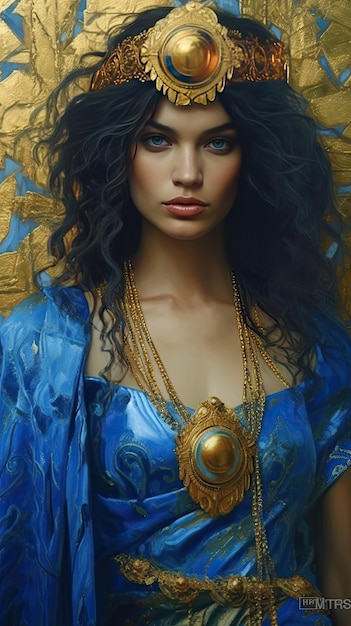 Beauful woman roman style dress in blue and golden colors