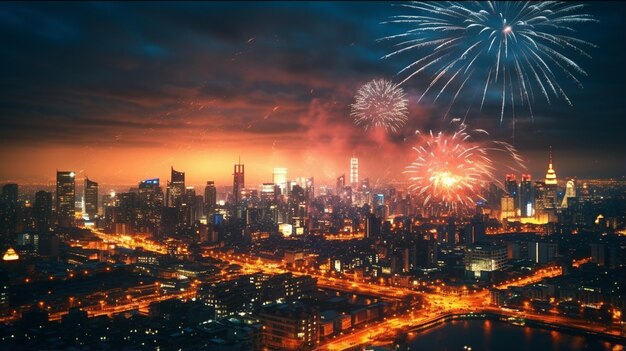 beauteful bright colorful fireworks over the city