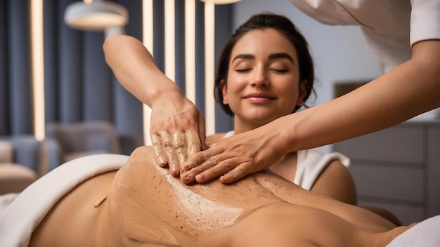 Beautician applying body scrub